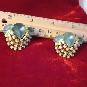 VINTAGE CLIP-ON PAIR OF EARRINGS. BLUE STONES/MILK GLASS BEADS. STAMPED.SB.44